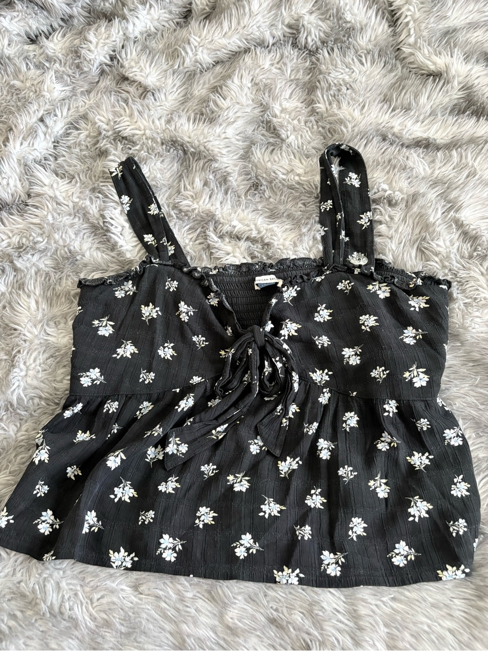 American Eagle Outfitters Black Floral Tie-Front Tank Top Sz L EUC